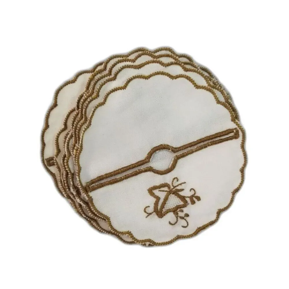 1970s White Gold Cloth Embroidered Cocktail Napkin Glass Cover Set of 11